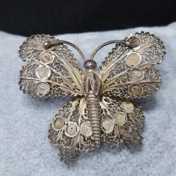 Antique Cannetille Butterfly Brooch, Vermeil 800 Silver - Picture 8 of 10